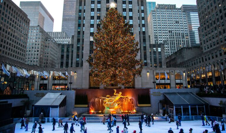 People at an ice skating rink during Christmas in NYC