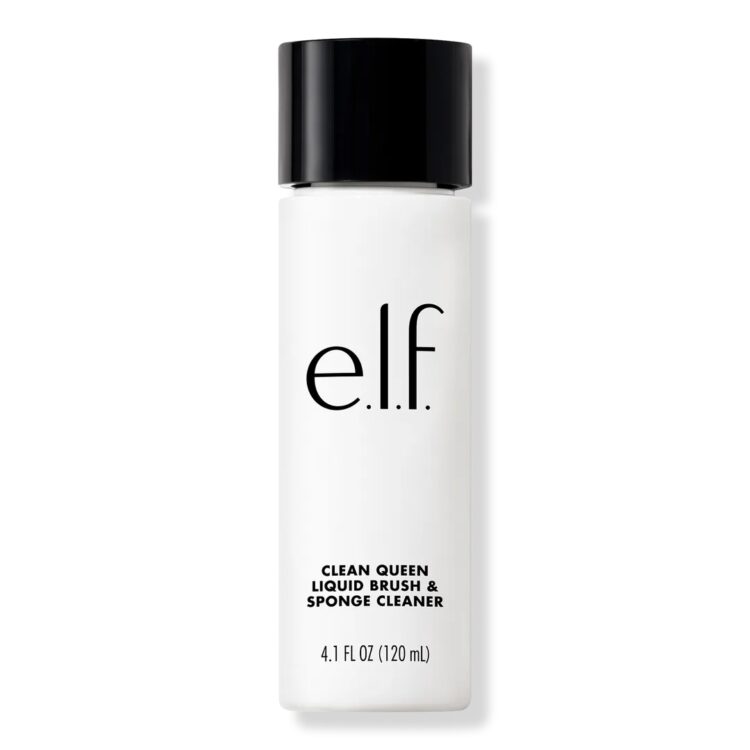A white bottle of E.l.f. Clean Queen Liquid Brush & Sponge Cleaner with a black top