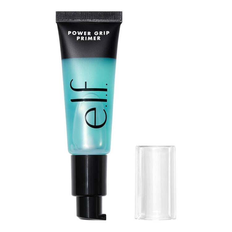 e.l.f. Power Grip Primer Product shot of a blue bottle of e.l.f. Power Grip Primer, a makeup product that lasts all day