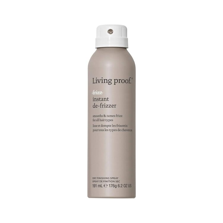 Living Proof Instant De-Frizzer An tan-gray aerosol can of Living Proof Instant De-Frizzer